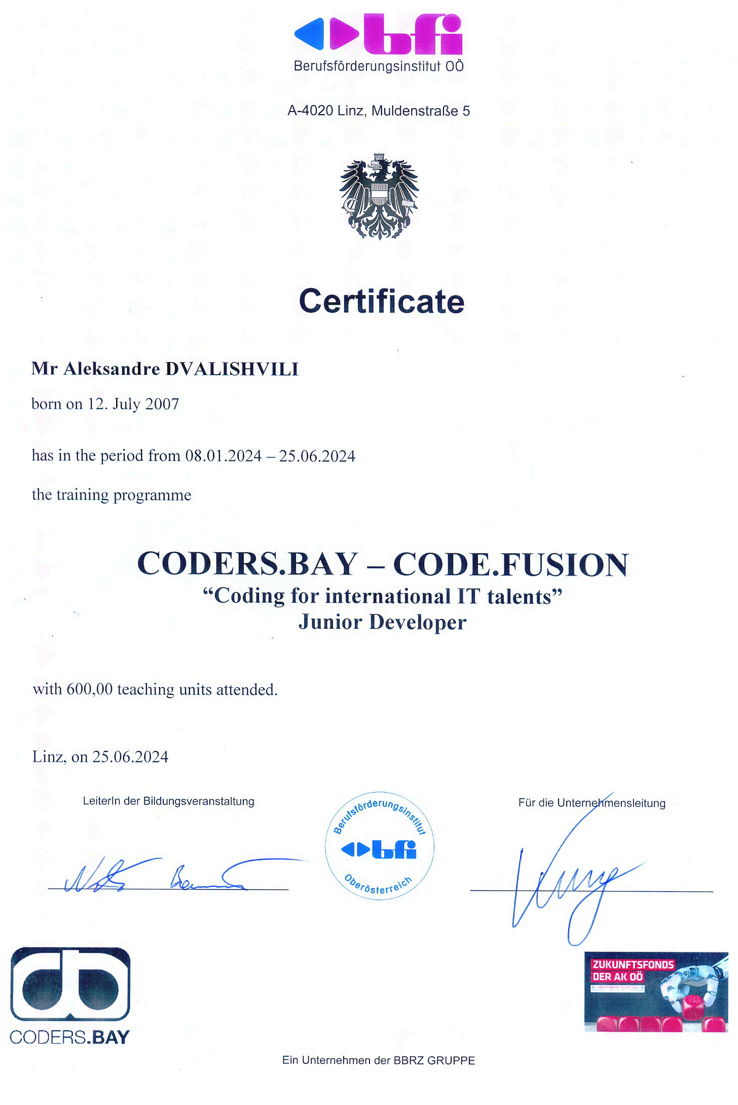 Сертификат CODERS.BAY / BFI Oberösterreich CODE.FUSION Junior Developer